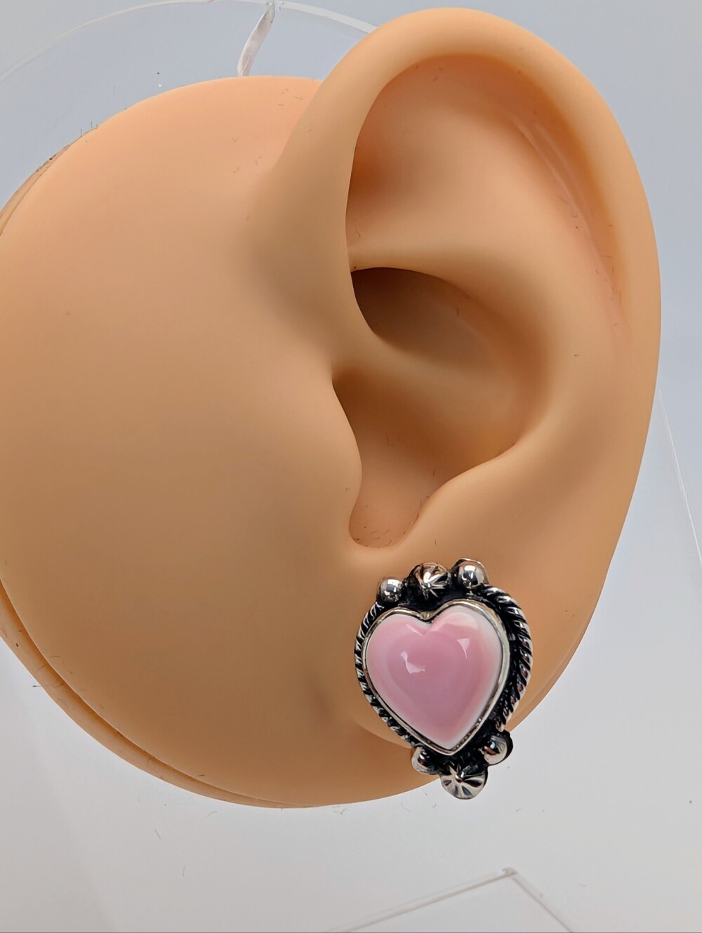 Pink Conch S925 Sterling Silver Heart Gemstone Stud Earrings - Picture 7 of 9